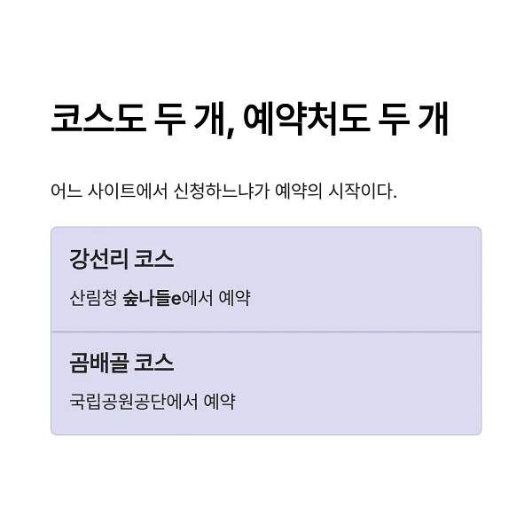 곰배령 강선리 코스와 곰배골 코스가 예약처(산림청 숲나들e / 국립공원공단)로 나뉜다는 점을 도식적으로 비교한 안내 이미지