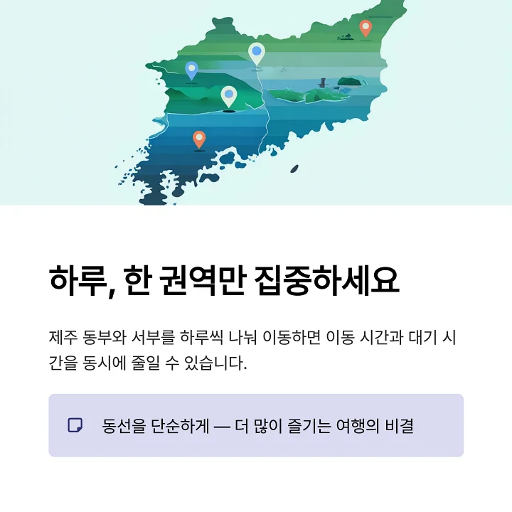 제주도 동부와 서부 권역을 나눠 하루씩 이동하는 동선을 보여주는 단순한 지도 일러스트