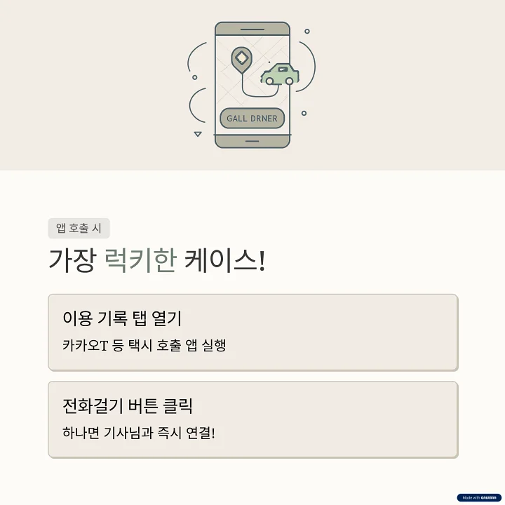 카카오T 앱의 이용 기록 화면에서 전화 버튼이 강조된 모습