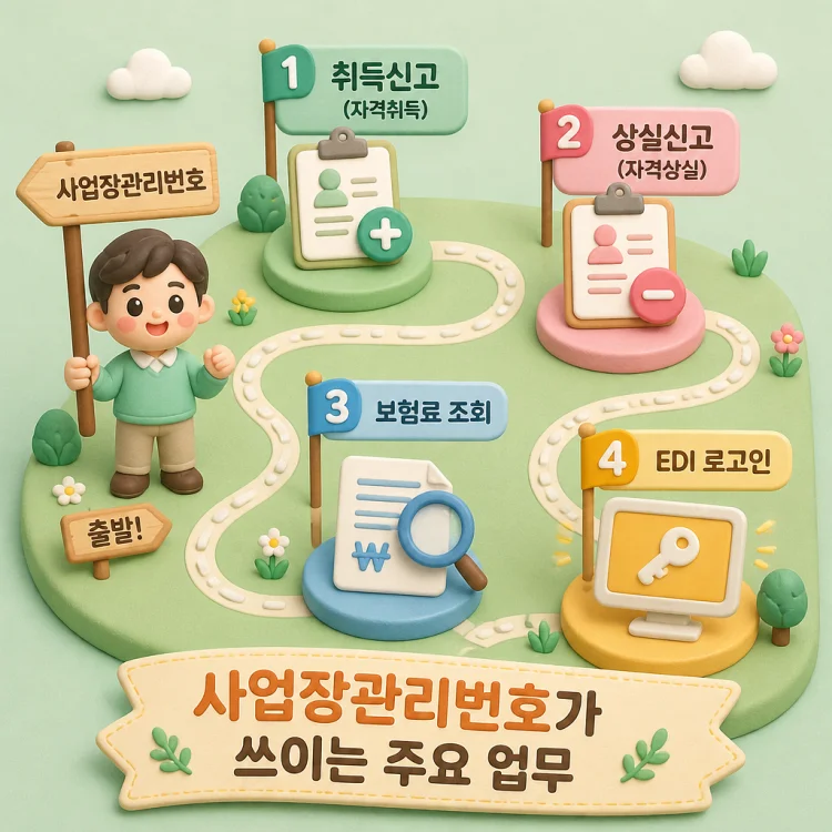 취득신고, 상실신고, 보험료 조회, EDI 로그인 등 사업장관리번호가 필요한 4대보험 업무를 정리한 안내 이미지
