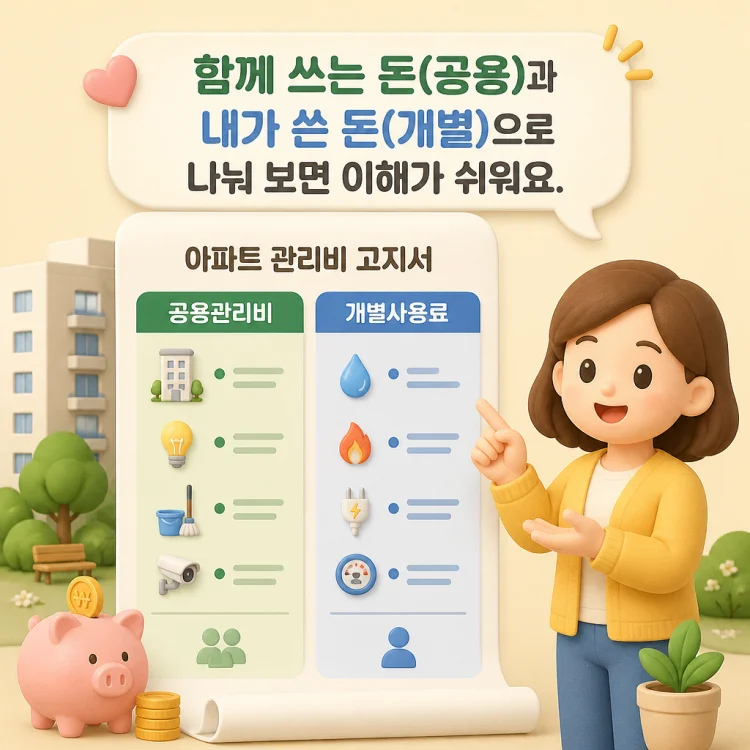 아파트 관리비 고지서를 공용관리비와 개별사용료로 구분해 설명한 이미지