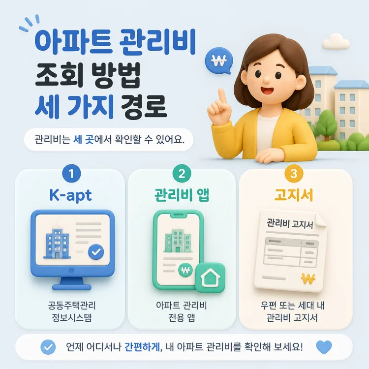 아파트 관리비 조회 방법 세 가지 경로를 정리한 안내 이미지