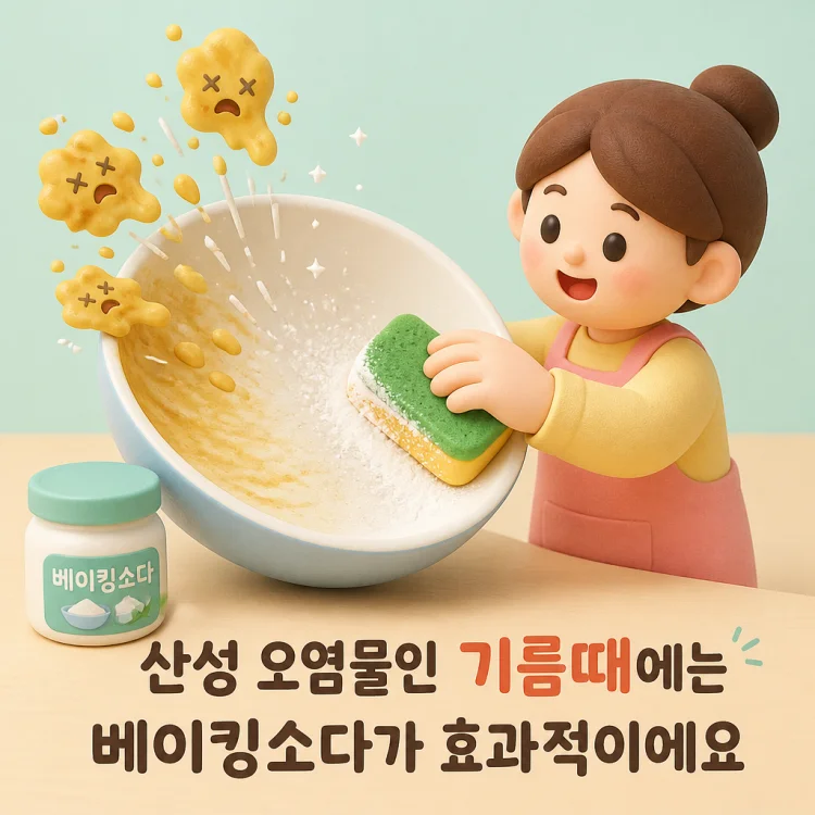 베이킹소다를 묻힌 스펀지로 그릇의 기름때를 닦아내는 모습