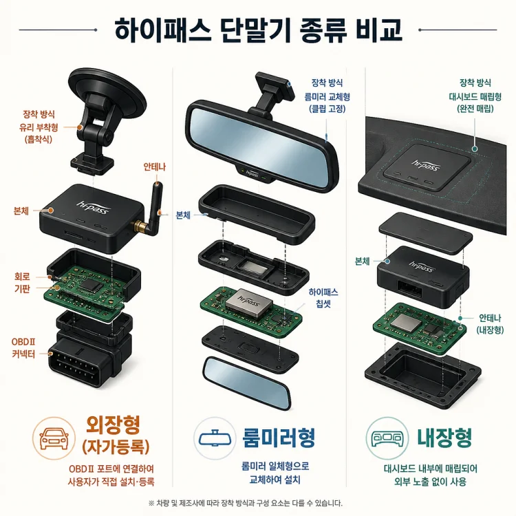 외장형 하이패스 단말기와 룸미러 일체형 내장 단말기를 좌우로 비교한 설명 이미지
