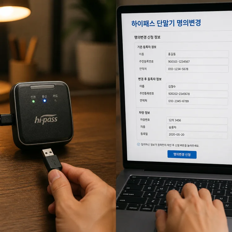 하이패스 단말기를 USB 케이블로 노트북에 연결해 명의변경 화면을 띄운 모습
