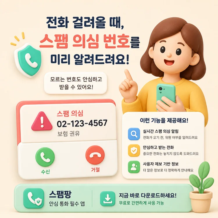 전화 수신 화면에 스팸 의심으로 표시된 발신자 확인 앱 안내 예시