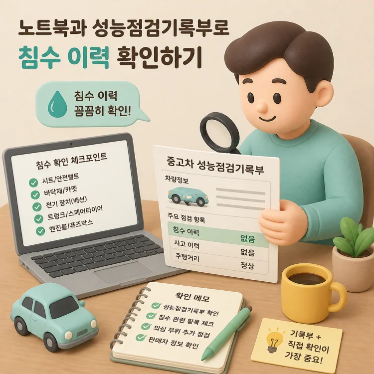 노트북과 중고차 성능점검기록부 서류로 침수 이력을 확인하는 책상 위 모습
