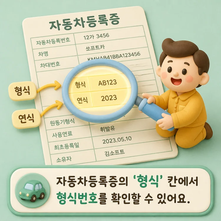 자동차등록증 서식에서 형식 및 연식 항목의 위치를 표시한 안내 이미지