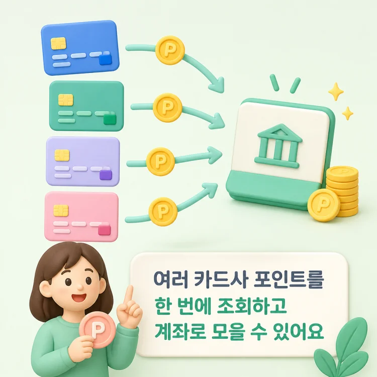 여러 카드사에 흩어진 카드포인트가 하나의 계좌로 모이는 과정을 보여주는 그래픽