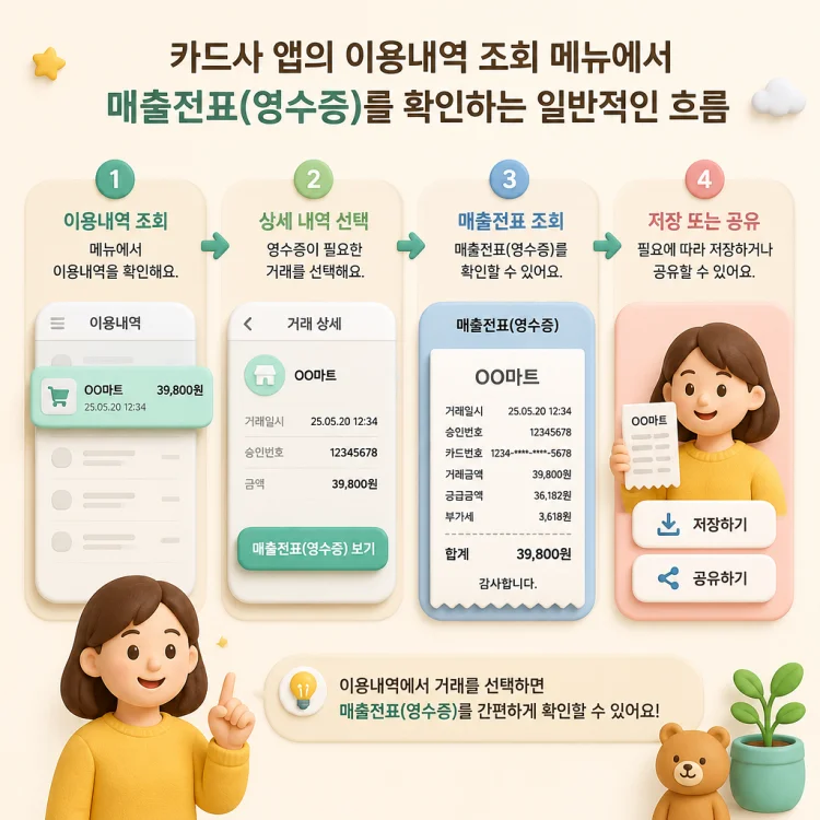 카드사 앱에서 이용내역을 조회해 매출전표를 확인하는 화면 구조를 보여주는 안내 이미지