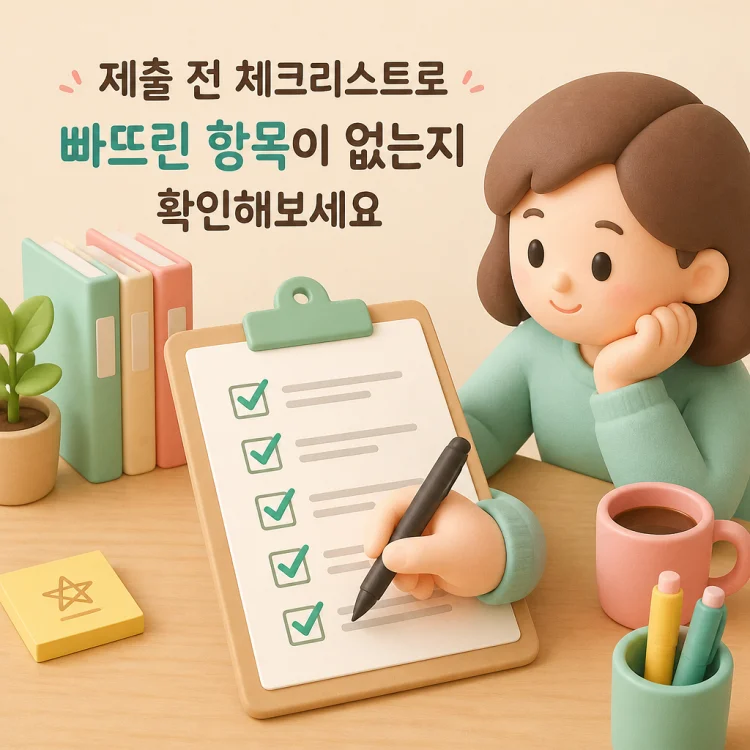 서류 준비 체크리스트에 펜으로 항목을 확인 표시하는 손 클로즈업