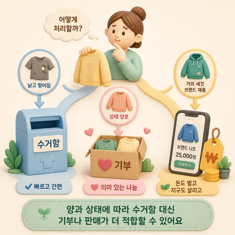 헌옷 처리 방법을 수거함, 기부, 중고 판매로 비교해 보여주는 이미지