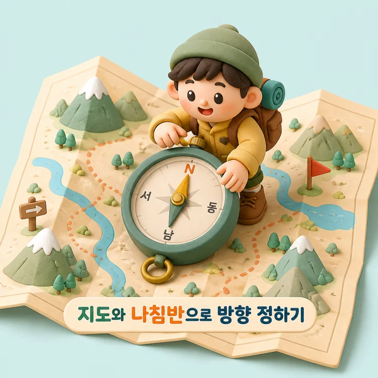 종이 지도 위에 나침반을 올려놓고 다이얼을 조정하며 방향을 맞추는 손과 지도 모습