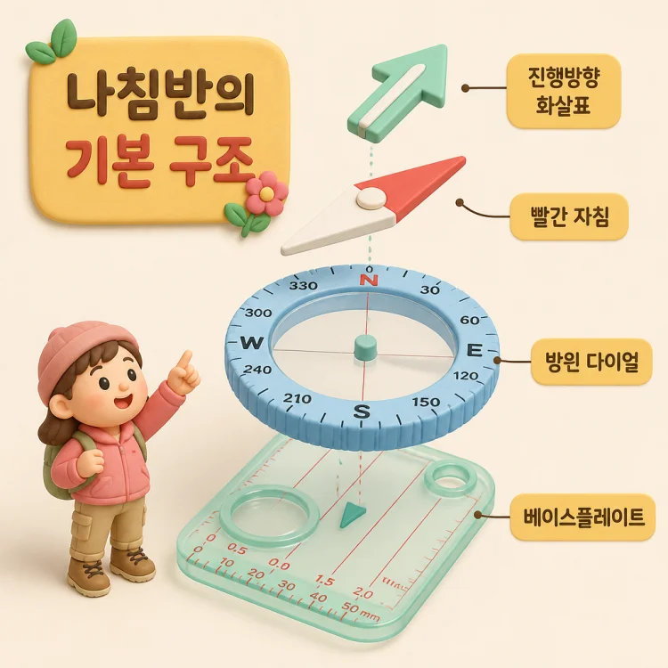 손바닥 위에 놓인 나침반의 베이스플레이트, 방위 다이얼, 빨간 자침, 진행방향 화살표를 가까이서 보여주는 사진