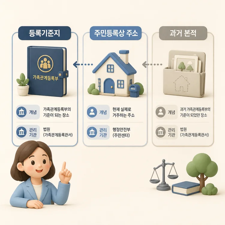 등록기준지, 주민등록상 주소, 과거 본적 개념의 차이와 관리 기관을 비교한 도식