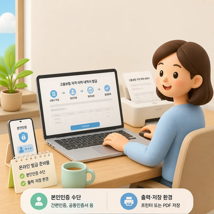 책상 위 노트북으로 고용보험 자격 이력 서류를 온라인 발급하는 과정을 보여주는 이미지