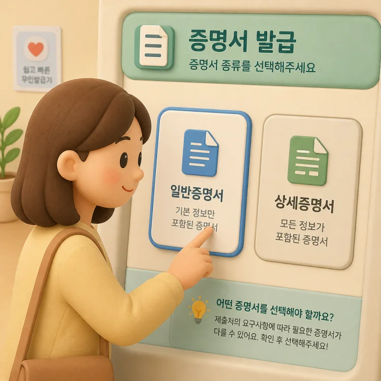 무인발급기 터치스크린에서 증명서 종류를 선택하는 화면