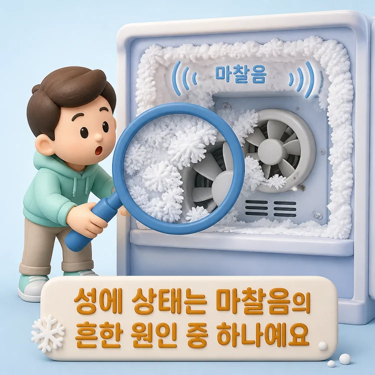 냉동실 내부에 낀 하얀 성에와 그 안쪽 팬 부분을 들여다보는 모습