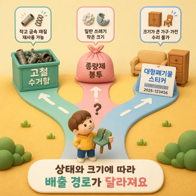 고철 수거함, 종량제 봉투, 대형폐기물 스티커가 나란히 놓여 배출 방법의 차이를 보여주는 이미지