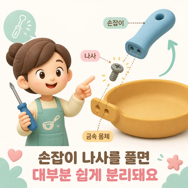 프라이팬 손잡이를 드라이버로 분리해 금속 몸체와 나누는 과정을 보여주는 사진