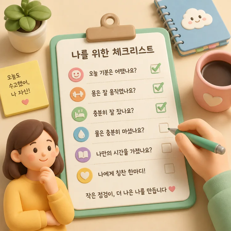 체크리스트를 보며 자기 상황을 점검하는 손