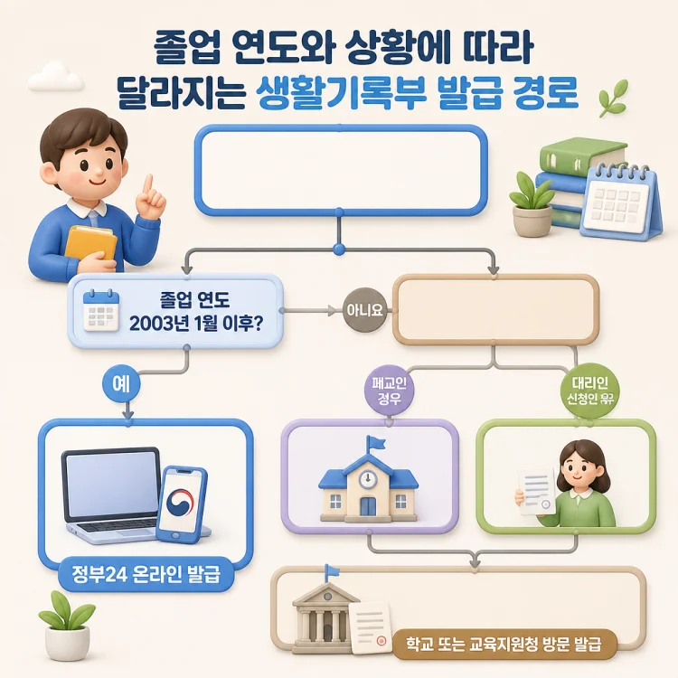 고등학교 생활기록부 발급 경로 흐름도. 졸업 연도가 2003년 1월 이후면 정부24 온라인 발급으로, 그 이전이면 학교나 교육지원청 방문 발급으로 이어지고, 폐교와 대리인 신청은 방문 경로로 분기되는 구조.