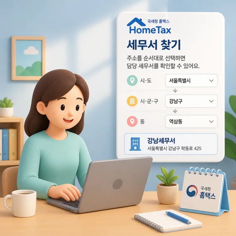 홈택스 세무서 찾기 화면에서 시·도, 시·군·구, 동을 차례로 선택해 관할 세무서를 조회하는 모습