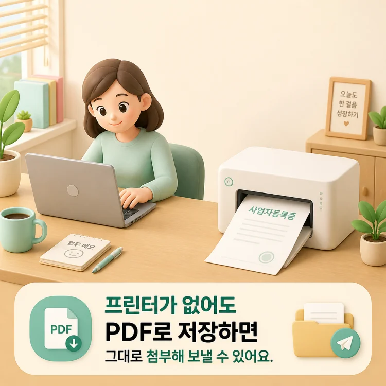 노트북과 프린터가 놓인 책상에서 사업자등록증 출력을 준비하는 사무실 풍경
