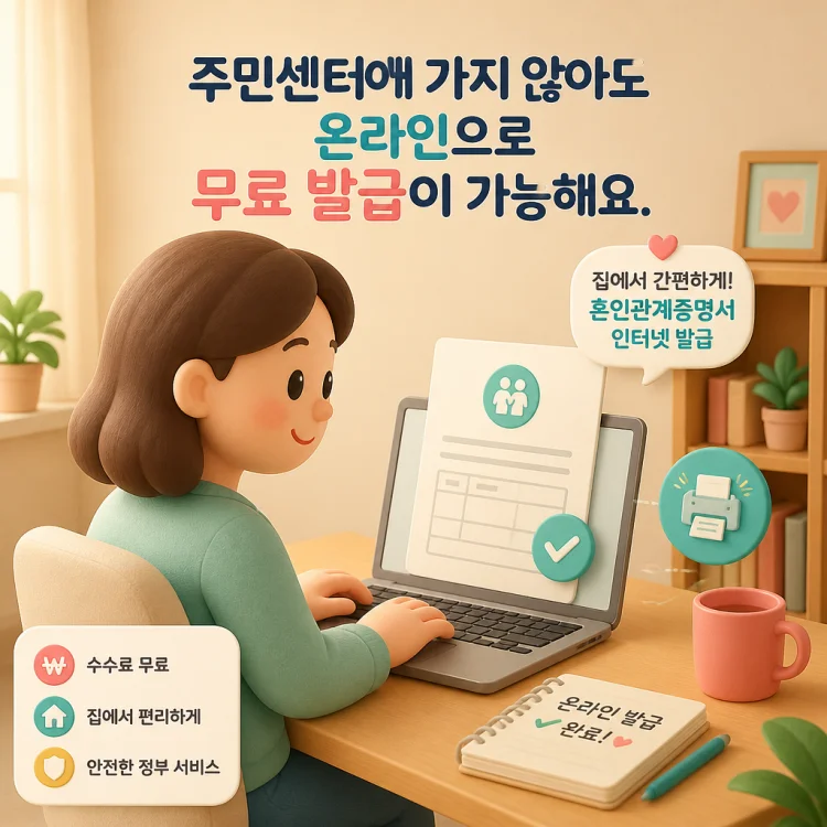 집에서 노트북으로 혼인관계증명서를 인터넷 발급받는 모습