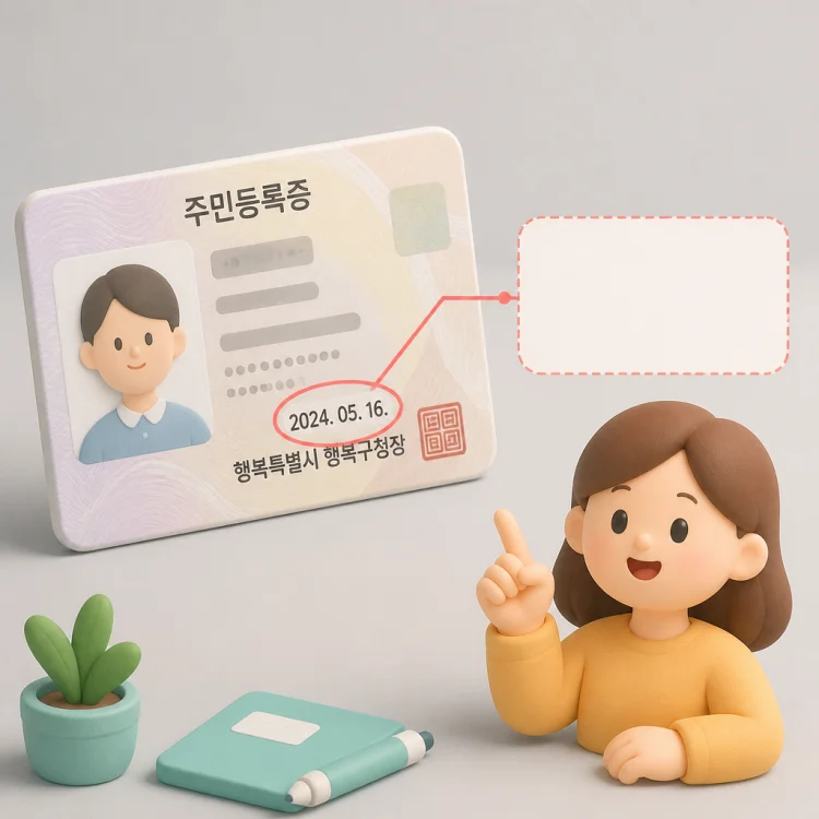 주민등록증 앞면 하단에서 발행 기관명과 함께 표시되는 발급일자 위치를 강조한 안내 일러스트