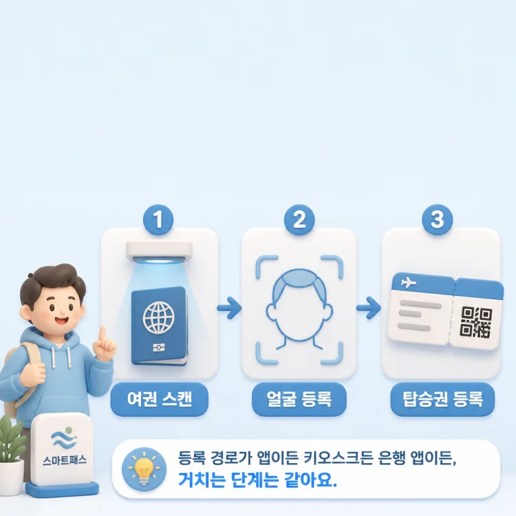 인천공항 스마트패스 등록 과정을 여권 스캔, 얼굴 등록, 탑승권 등록 세 단계로 나누어 정리한 인포그래픽