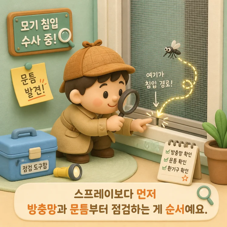 창문 방충망 틈을 손으로 점검하며 모기 유입 경로를 확인하는 모습