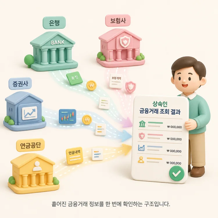 여러 금융기관 아이콘이 하나의 조회 결과 문서로 모이는 구조를 보여주는 도식으로, 상속인 금융거래 조회 서비스의 작동 방식을 설명한다.