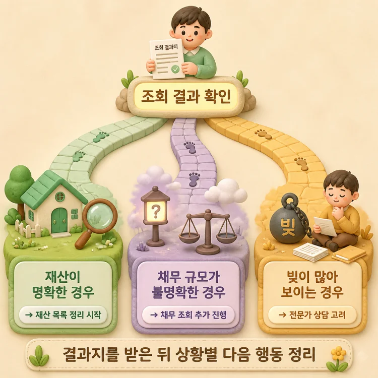 조회 결과 확인 이후 재산이 명확한 경우, 채무 규모가 불명확한 경우, 빚이 많아 보이는 경우로 나뉘는 세 갈래 의사결정 흐름도.