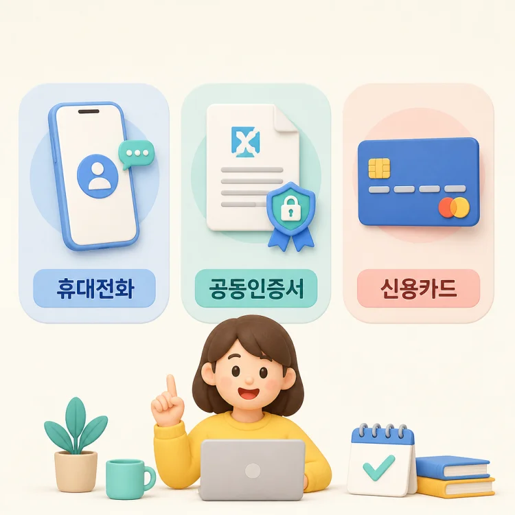 아이핀 온라인 발급에 필요한 본인확인 수단인 휴대전화, 공동인증서, 신용카드 세 가지를 비교해 보여주는 안내 이미지