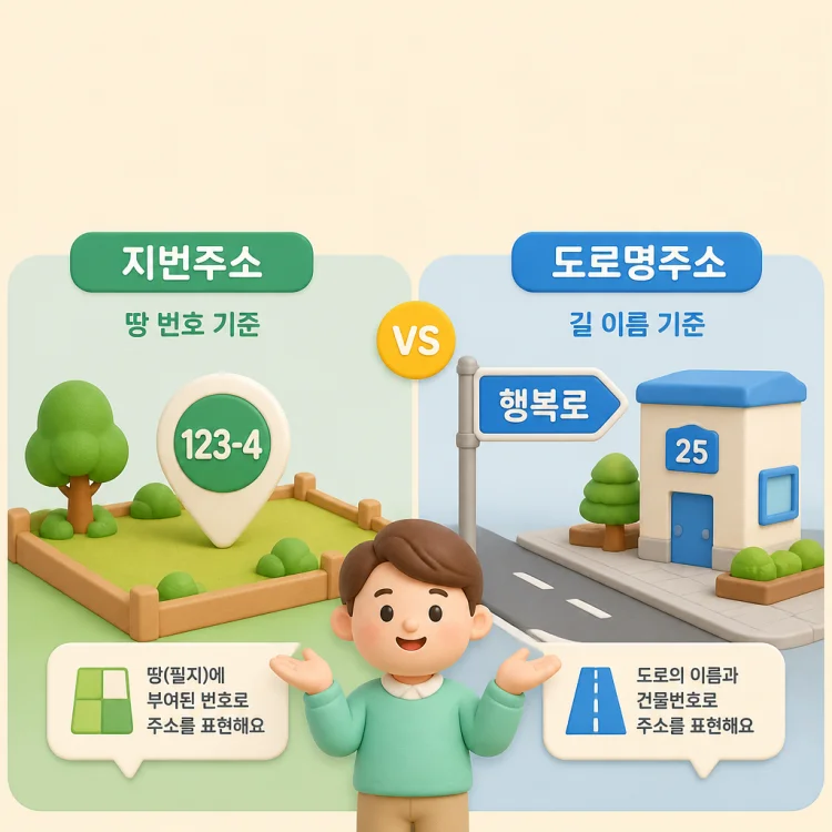 지번주소와 도로명주소의 차이를 땅 번호와 길 이름 방식으로 비교한 안내 이미지