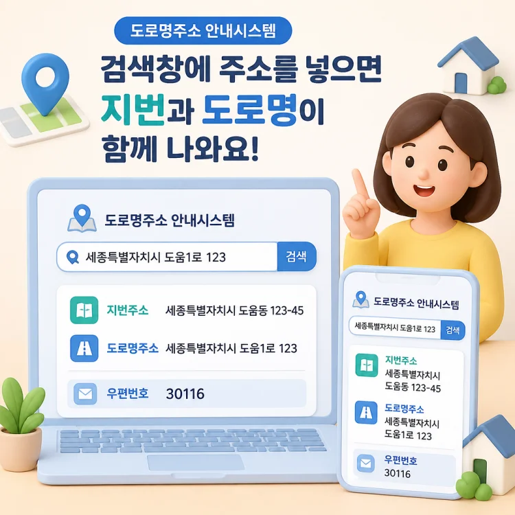 도로명주소 안내시스템 검색창에 주소를 입력해 지번과 도로명을 함께 확인하는 화면 흐름