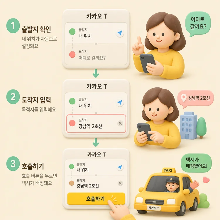 카카오 T 앱에서 도착지를 입력하고 택시를 호출하는 화면 예시