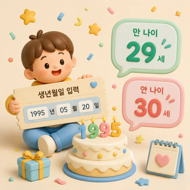 생년월일을 입력하면 만 나이와 연 나이를 함께 보여주는 나이 계산기 화면 예시
