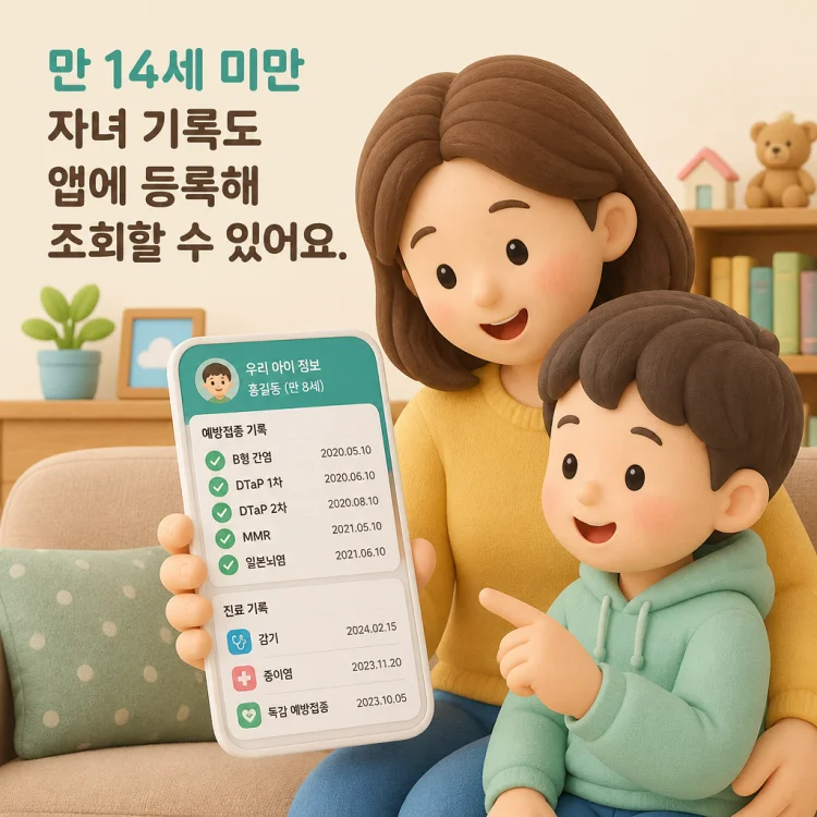 부모가 앱으로 자녀의 예방접종과 진료 이력을 확인하는 모습