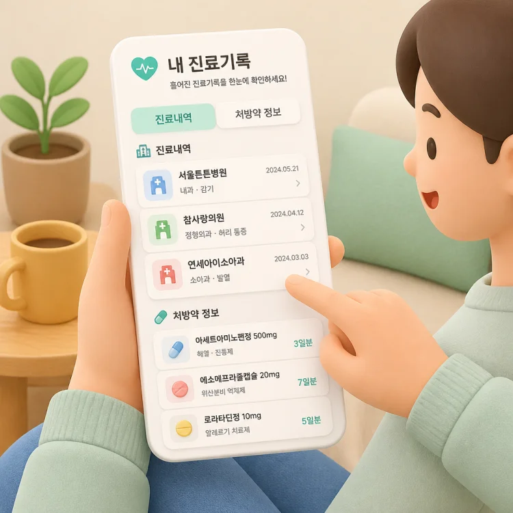 스마트폰 앱으로 병원 진료기록을 조회하는 모습