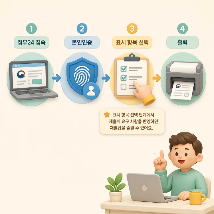 정부24 접속, 본인인증, 표시 항목 선택, 출력으로 이어지는 병적증명서 인터넷 발급 4단계 흐름도