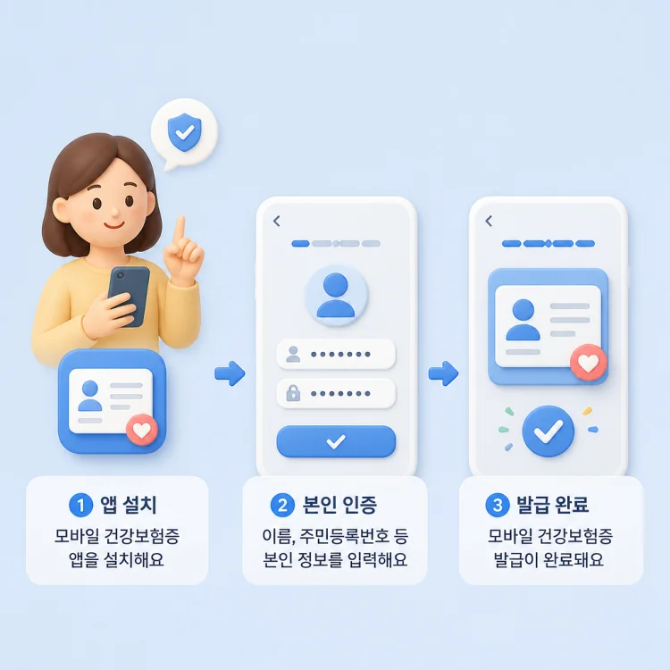 스마트폰에서 모바일 건강보험증 앱을 설치하고 본인 인증 화면을 진행하는 모습