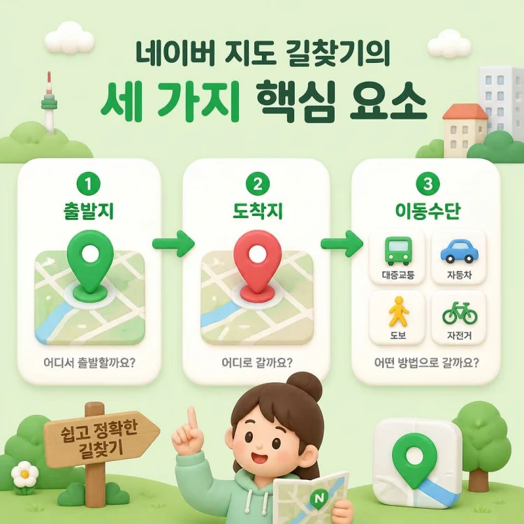 네이버 지도 길찾기의 세 가지 핵심 요소인 출발지, 도착지, 이동수단을 화살표로 연결해 설명한 이미지