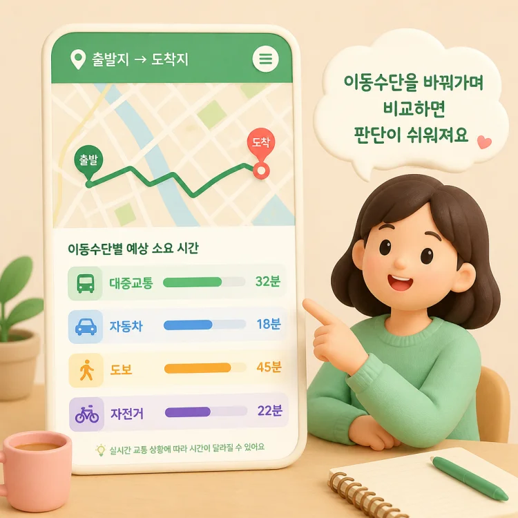 네 가지 이동수단별 예상 소요 시간을 나란히 비교해 보여주는 지도 앱 화면 이미지