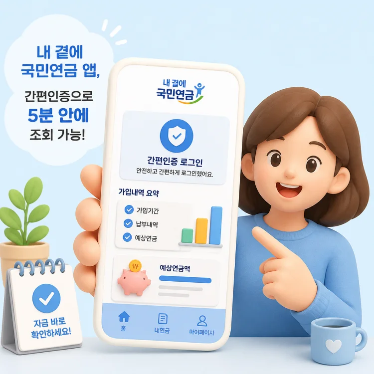 스마트폰 화면에서 내 곁에 국민연금 앱으로 간편인증 로그인 후 가입내역을 확인하는 모습