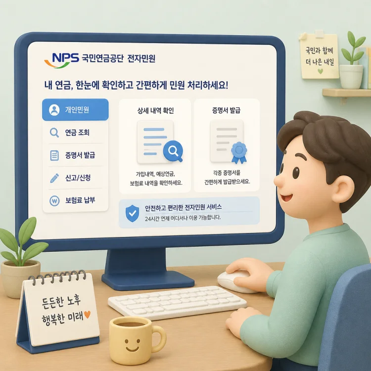 데스크톱 모니터에 국민연금공단 전자민원 화면이 열려 있고 사용자가 마우스로 메뉴를 확인하는 모습