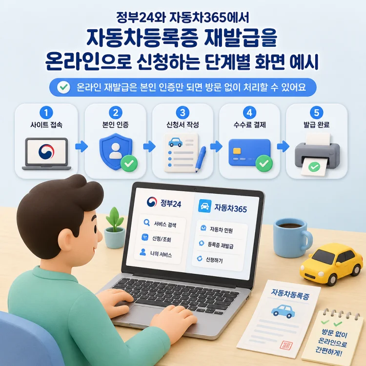 정부24와 자동차365에서 자동차등록증 재발급을 온라인으로 신청하는 단계별 화면 예시