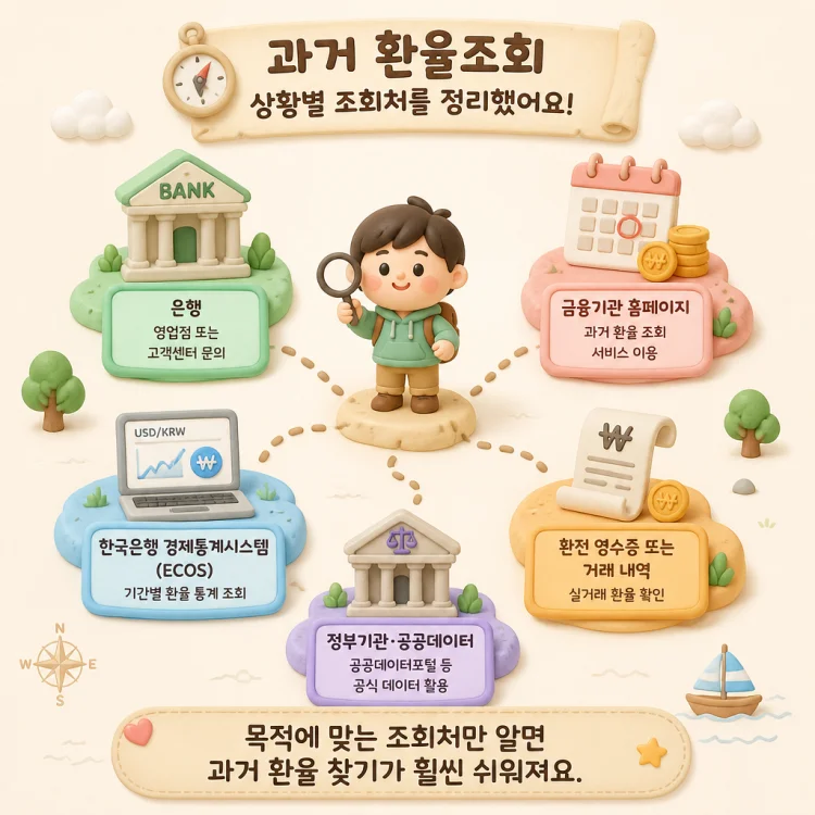 과거 환율조회 상황별 조회처를 정리한 안내 이미지