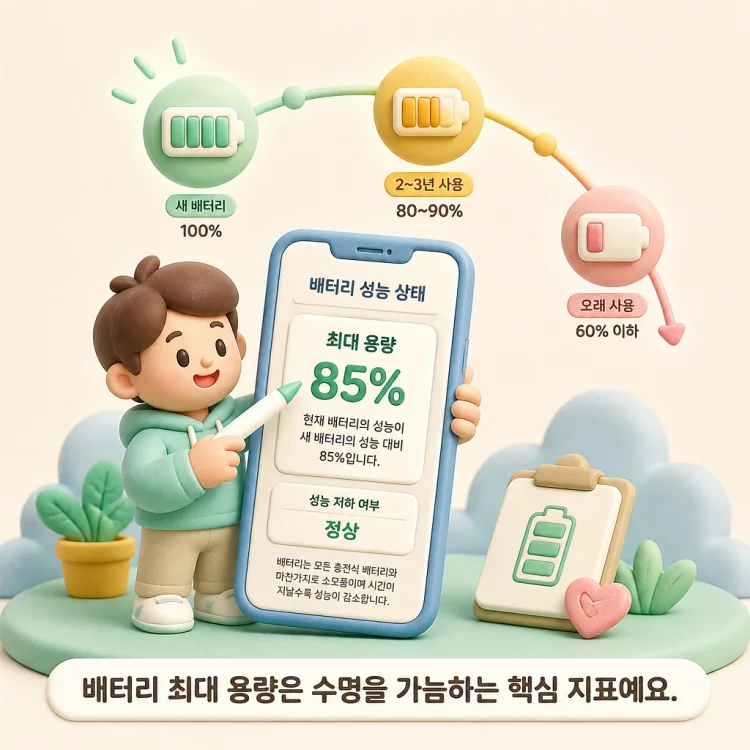 스마트폰 화면에 표시된 배터리 최대 용량 확인 화면